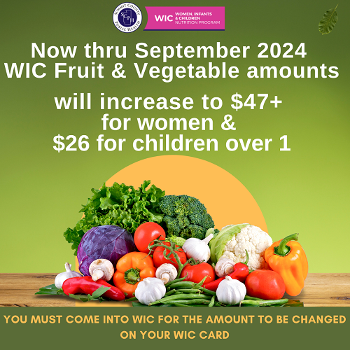  Text reads - From January- April WIC fruit & vegetable amounts will increase to $47+ for women & $26 for children over 1. You must come into WIC for the amount to be changed on your WIC card before any monthly benefits are used.